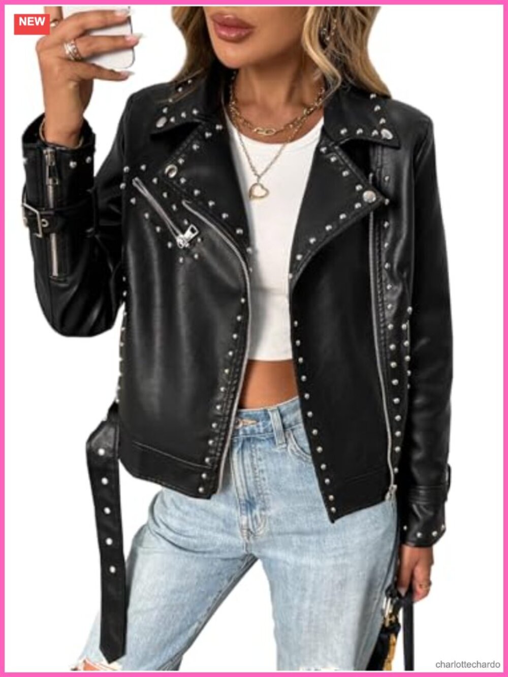 Faux Leather Moto Jacket Studded Rivet Biker Coat Asymmetrical Zip Women